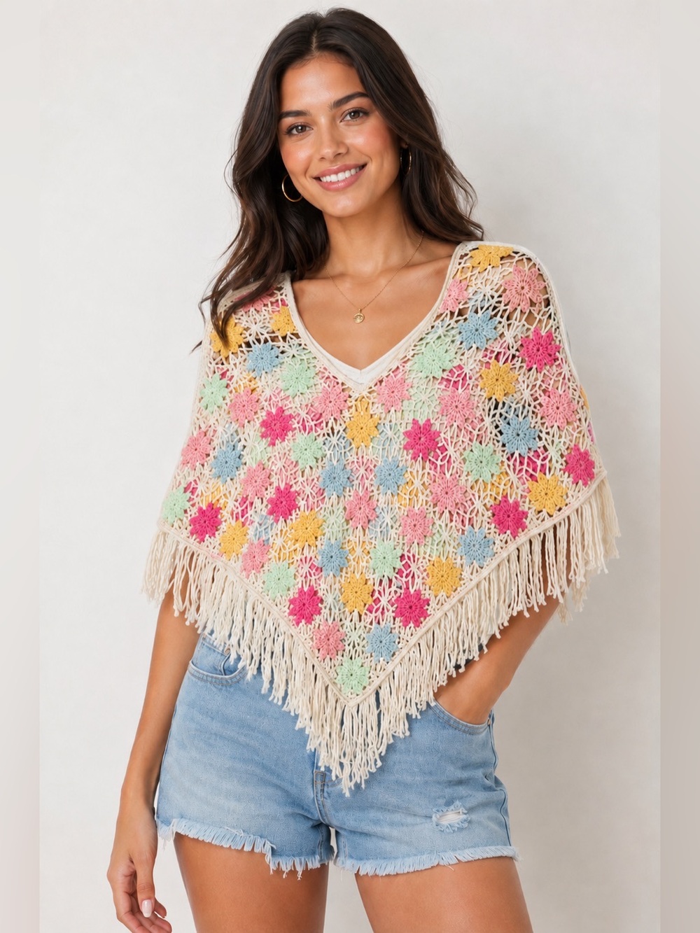 House of Harlow 1960 Floral Crochet Fringe Boho Poncho One Size